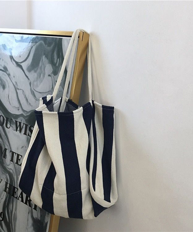 Casual Blue Striped High-capacity Cozy Canvas Satchel Handbag LY1752