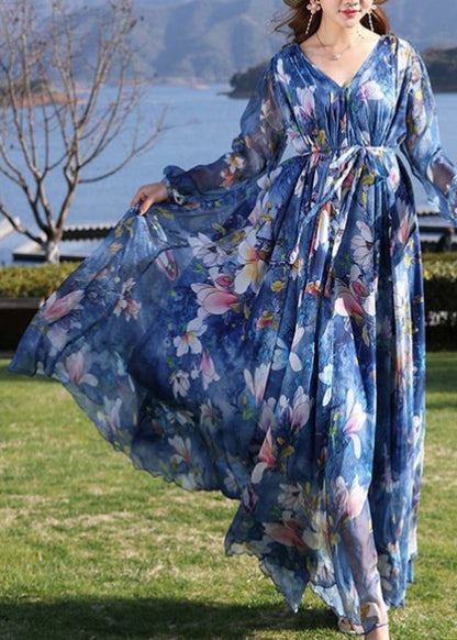 Casual Blue V Neck Print Tie Waist Chiffon Long Dress Long Sleeve LY1725 - fabuloryshop