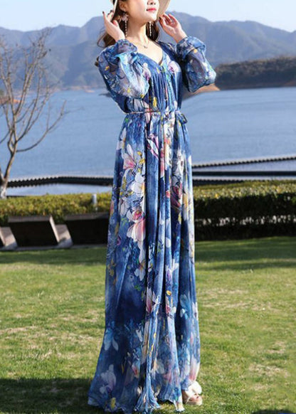 Casual Blue V Neck Print Tie Waist Chiffon Long Dress Long Sleeve LY1725 - fabuloryshop