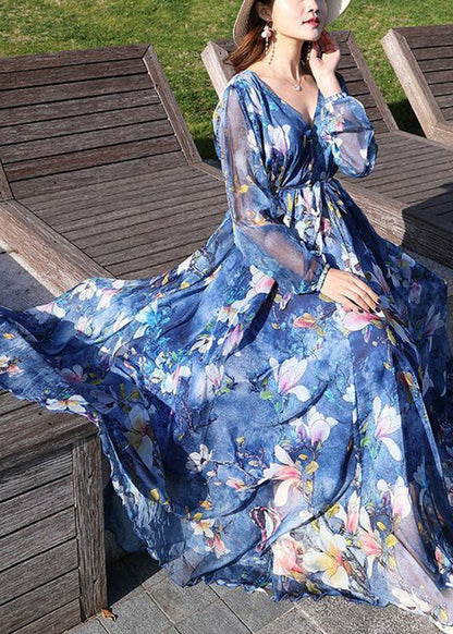 Casual Blue V Neck Print Tie Waist Chiffon Long Dress Long Sleeve LY1725 - fabuloryshop