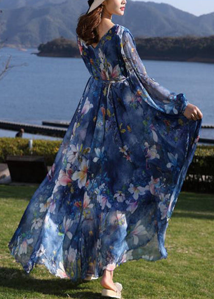 Casual Blue V Neck Print Tie Waist Chiffon Long Dress Long Sleeve LY1725 - fabuloryshop