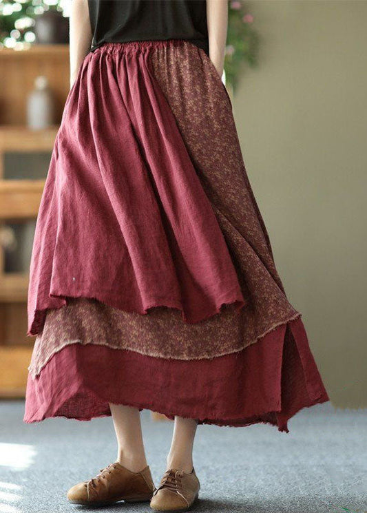 Casual Brick Red Print Asymmetrical Patchwork Cotton Skirt Spring LY0211 - fabuloryshop