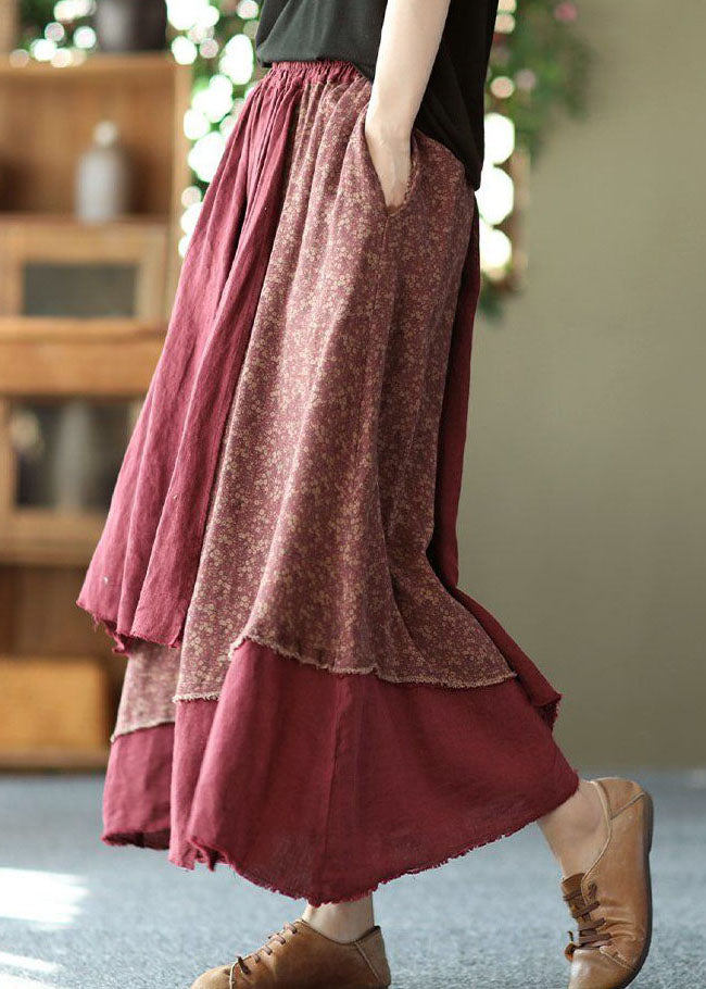 Casual Brick Red Print Asymmetrical Patchwork Cotton Skirt Spring LY0211 - fabuloryshop