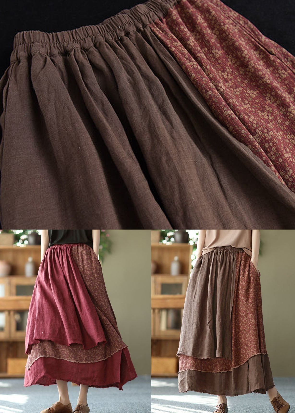 Casual Brick Red Print Asymmetrical Patchwork Cotton Skirt Spring LY0211 - fabuloryshop