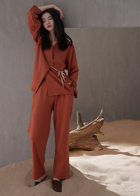 Casual Brick Red V Neck Tie Waist Cotton Pajamas Two Pieces Set Spring TO1053 - fabuloryshop