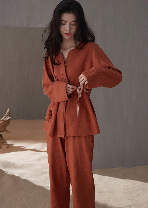 Casual Brick Red V Neck Tie Waist Cotton Pajamas Two Pieces Set Spring TO1053 - fabuloryshop