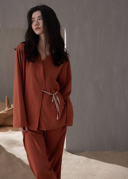 Casual Brick Red V Neck Tie Waist Cotton Pajamas Two Pieces Set Spring TO1053 - fabuloryshop