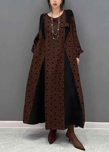 Casual Brown O Neck Wrinkled Print Patchwork Cotton Long Dresses Fall Ada Fashion