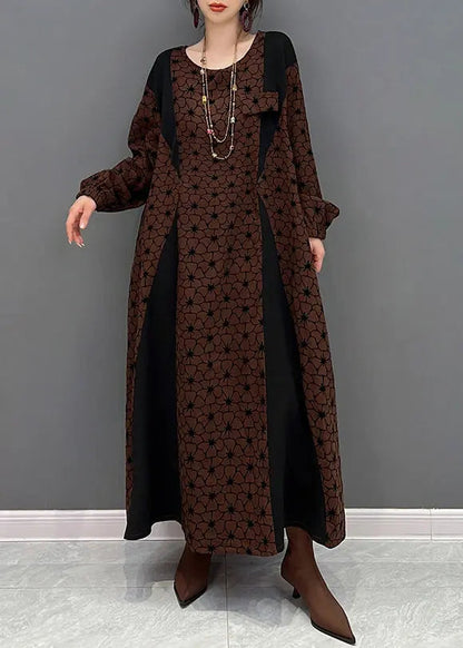 Casual Brown O Neck Wrinkled Print Patchwork Cotton Long Dresses Fall Ada Fashion