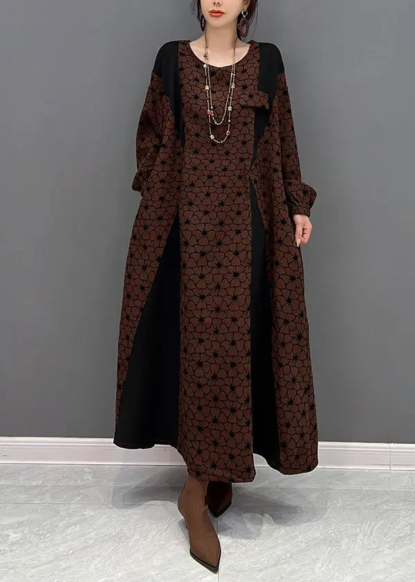 Casual Brown O Neck Wrinkled Print Patchwork Cotton Long Dresses Fall Ada Fashion