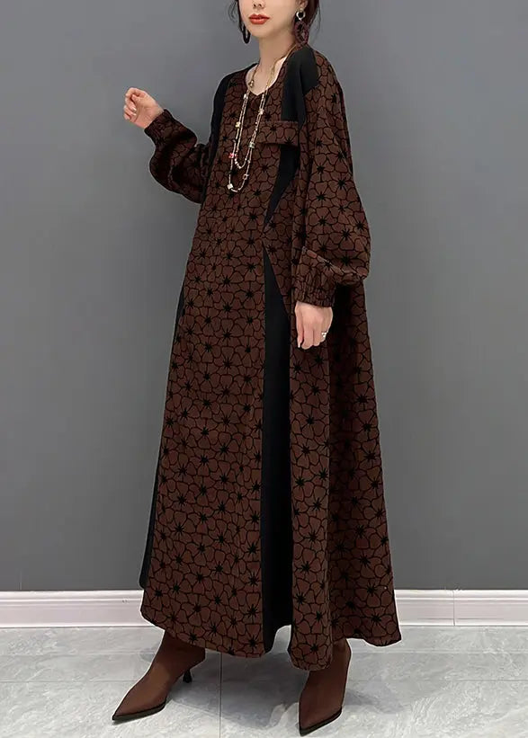 Casual Brown O Neck Wrinkled Print Patchwork Cotton Long Dresses Fall Ada Fashion