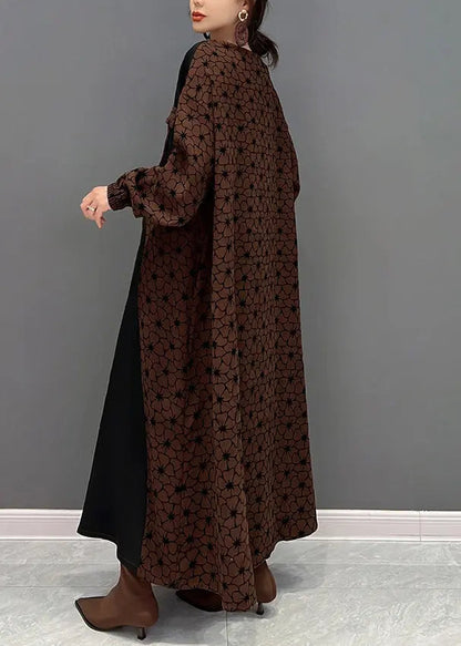 Casual Brown O Neck Wrinkled Print Patchwork Cotton Long Dresses Fall Ada Fashion