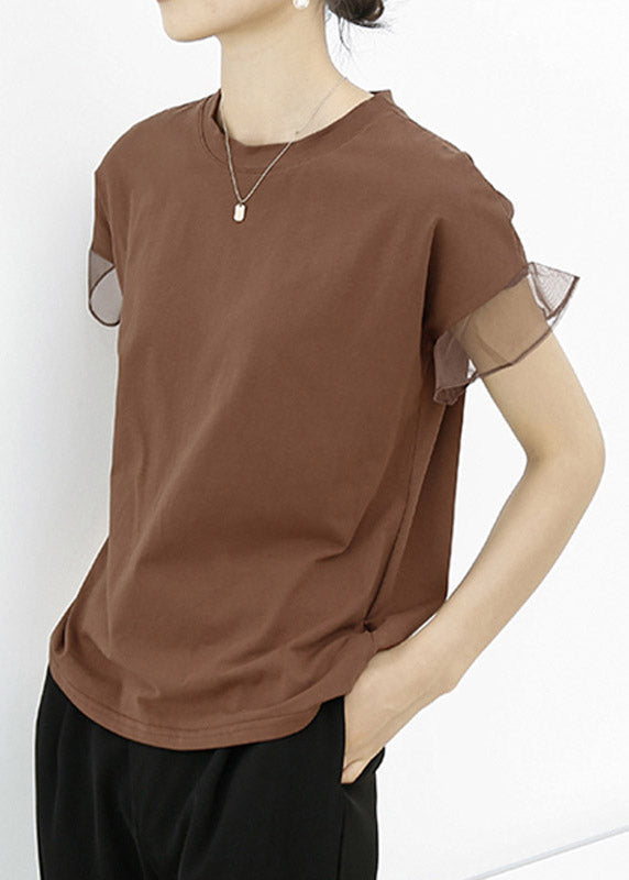 Casual Brown Tulle Patchwork Cotton T Shirt Summe LY2098 - fabuloryshop