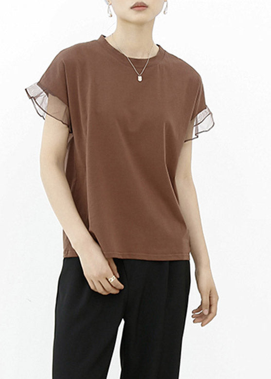 Casual Brown Tulle Patchwork Cotton T Shirt Summe LY2098 - fabuloryshop