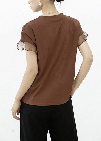 Casual Brown Tulle Patchwork Cotton T Shirt Summe LY2098 - fabuloryshop