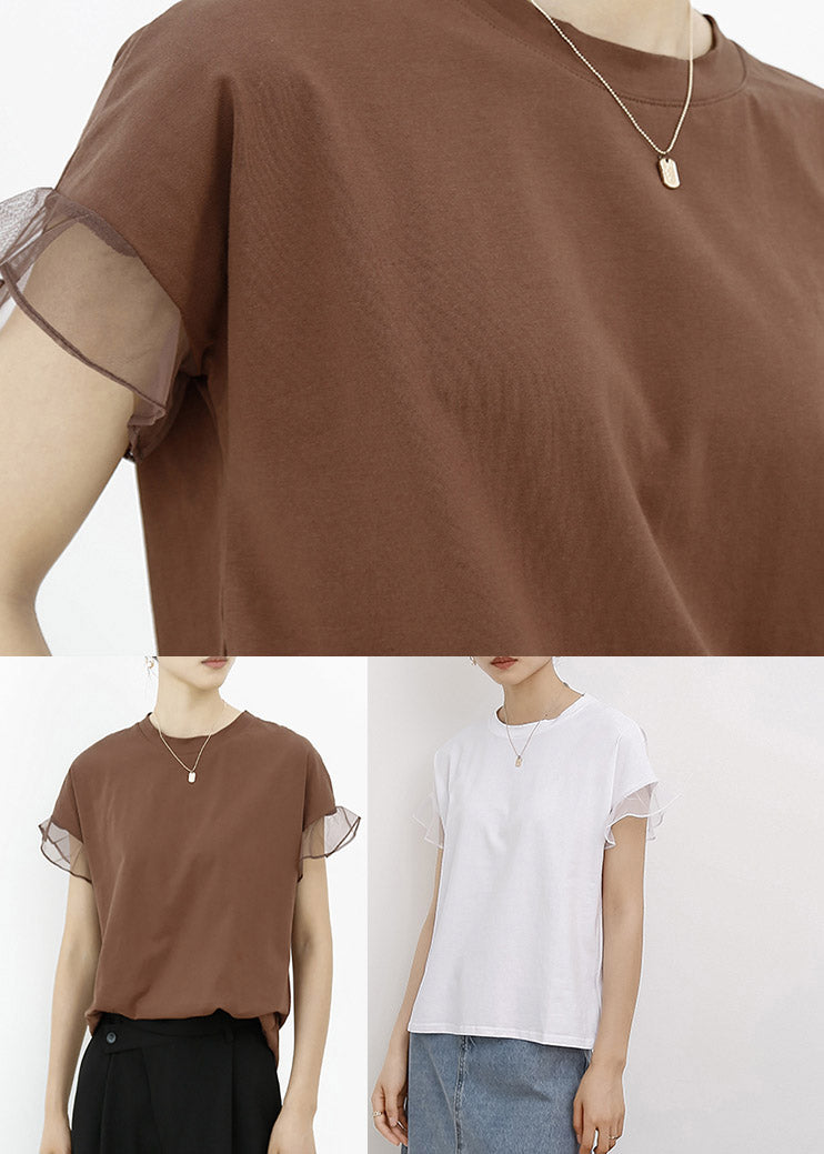 Casual Brown Tulle Patchwork Cotton T Shirt Summe LY2098 - fabuloryshop