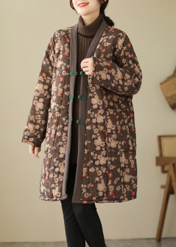 Casual Brown V Neck Print Warm Fleece Thick Long Parka Long Sleeve Ada Fashion