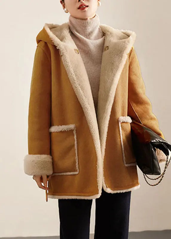 Casual Camel Patchwork Sashes Warm Fleece Wooled Blended Hooded Coat Winter Ada Fashion