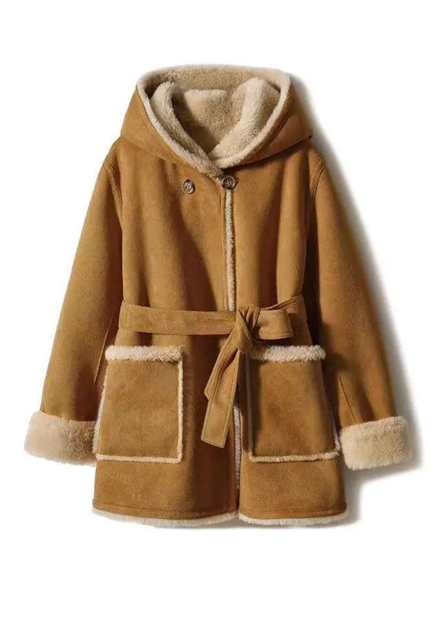 Casual Camel Patchwork Sashes Warm Fleece Wooled Blended Hooded Coat Winter Ada Fashion