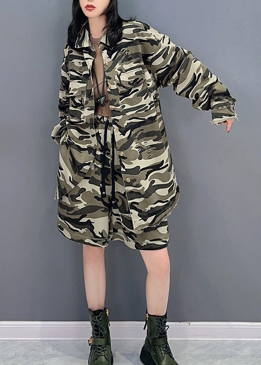 Casual Camouflage Peter Pan Collar Zippered Print Coats And Shorts Two Pieces Set Spring LC0295