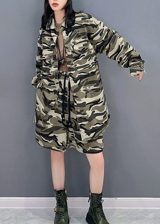 Casual Camouflage Peter Pan Collar Zippered Print Coats And Shorts Two Pieces Set Spring LC0295 - fabuloryshop
