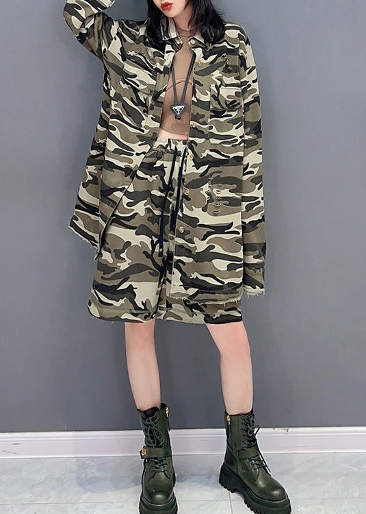 Casual Camouflage Peter Pan Collar Zippered Print Coats And Shorts Two Pieces Set Spring LC0295