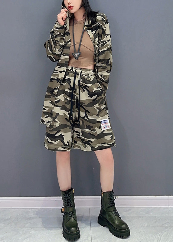 Casual Camouflage Peter Pan Collar Zippered Print Coats And Shorts Two Pieces Set Spring LC0295 - fabuloryshop