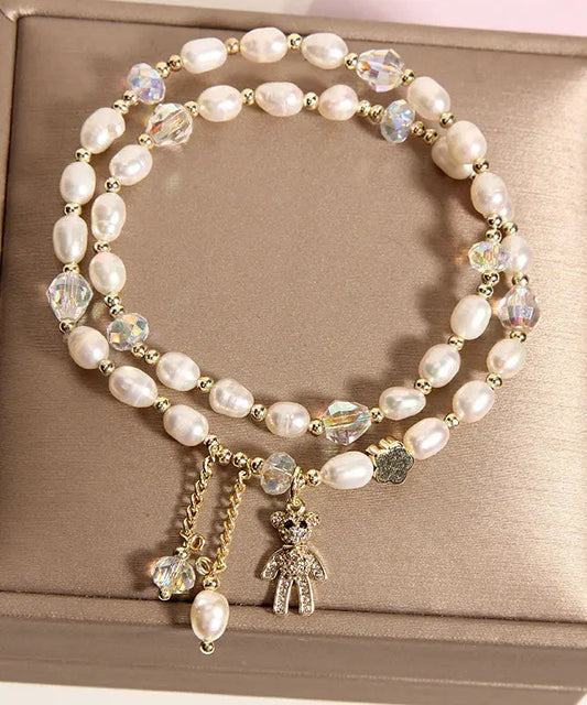 Casual Champagne Alloy Inlaid Pearl Gem Stone Little Bear Charm Bracelet Ada Fashion