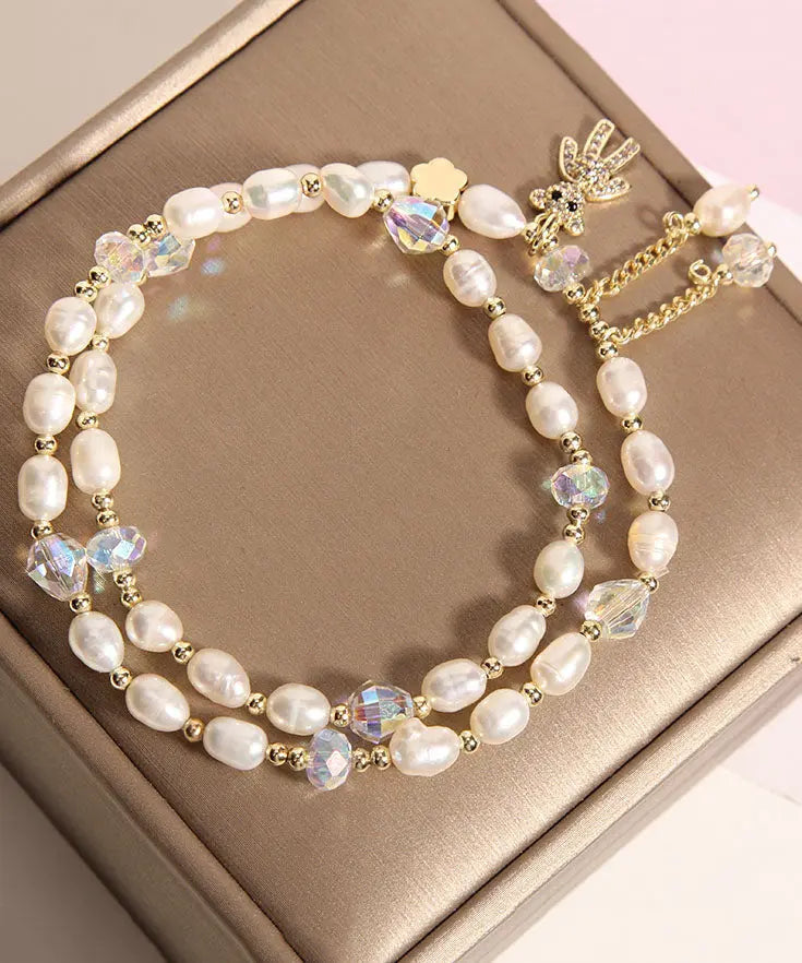 Casual Champagne Alloy Inlaid Pearl Gem Stone Little Bear Charm Bracelet Ada Fashion