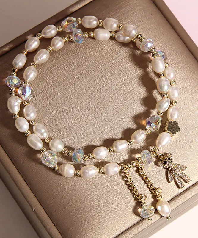 Casual Champagne Alloy Inlaid Pearl Gem Stone Little Bear Charm Bracelet Ada Fashion