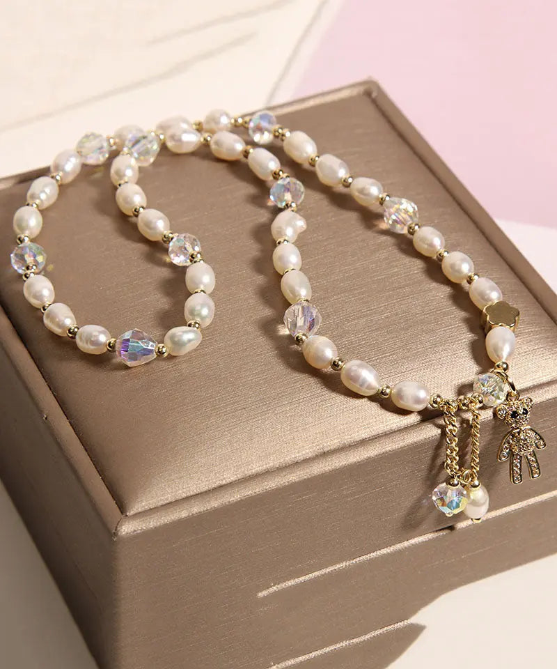 Casual Champagne Alloy Inlaid Pearl Gem Stone Little Bear Charm Bracelet Ada Fashion