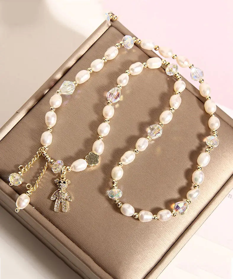 Casual Champagne Alloy Inlaid Pearl Gem Stone Little Bear Charm Bracelet Ada Fashion