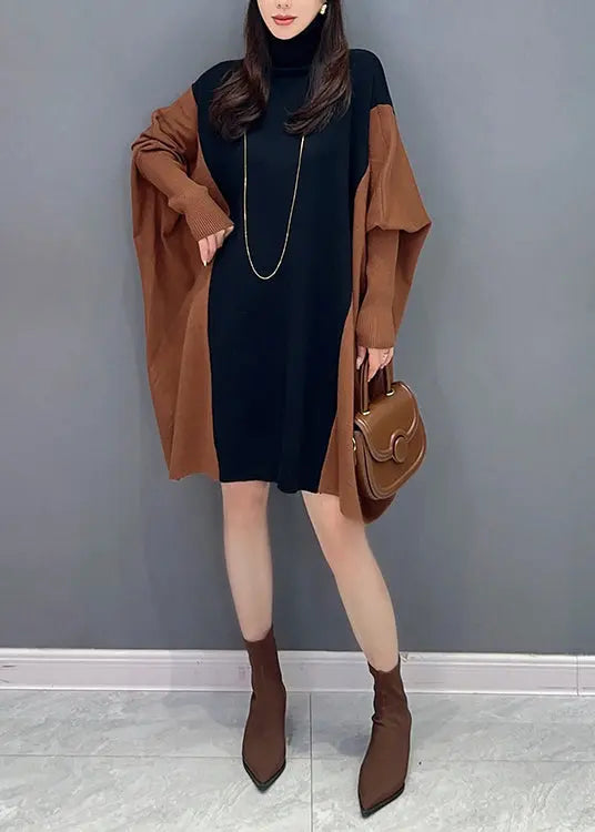 Casual Coffee Hign Neck Patchwork Cotton Mid Dress Batwing Sleeve Ada Fashion