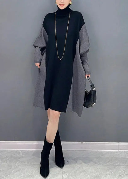 Casual Coffee Hign Neck Patchwork Cotton Mid Dress Batwing Sleeve Ada Fashion