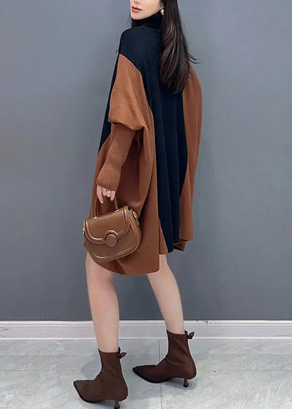 Casual Coffee Hign Neck Patchwork Cotton Mid Dress Batwing Sleeve Ada Fashion