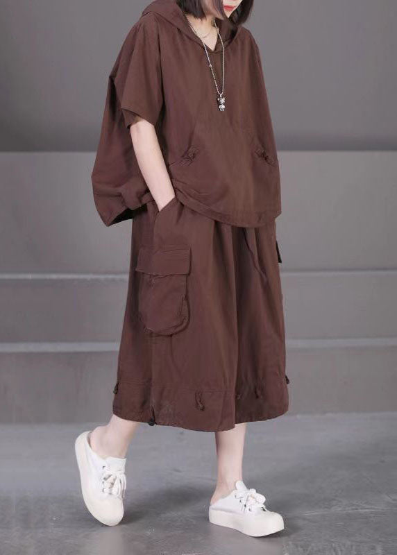 Casual Coffee Hooded Pockets Patchwork Cotton Two Pieces Set Summer Ada Fashion