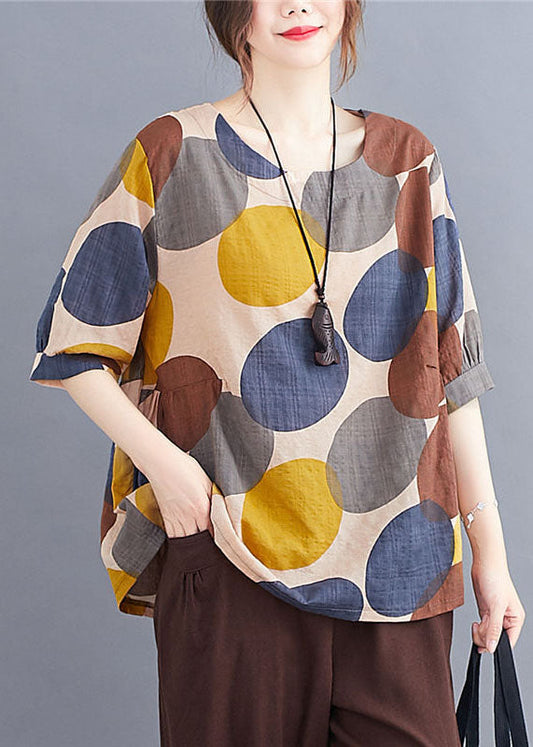 Casual Coffee O Neck Print Patchwork Cotton T Shirts Summer LY4085 - fabuloryshop