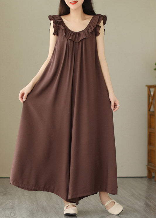 Casual Coffee O-Neck Ruffled Wide Leg Jumpsuit Summer LY2968 - fabuloryshop