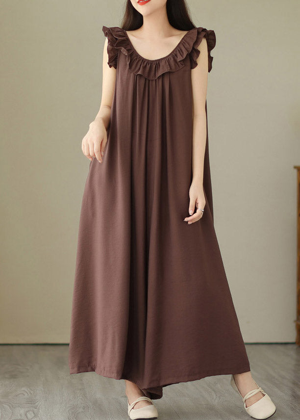 Casual Coffee O-Neck Ruffled Wide Leg Jumpsuit Summer LY2968 - fabuloryshop