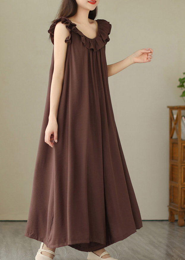 Casual Coffee O-Neck Ruffled Wide Leg Jumpsuit Summer LY2968 - fabuloryshop