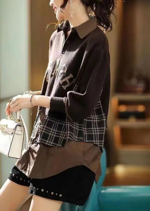 Casual Coffee Peter Pan Collar False Two Pieces Knit Shirts Top Fall Ada Fashion