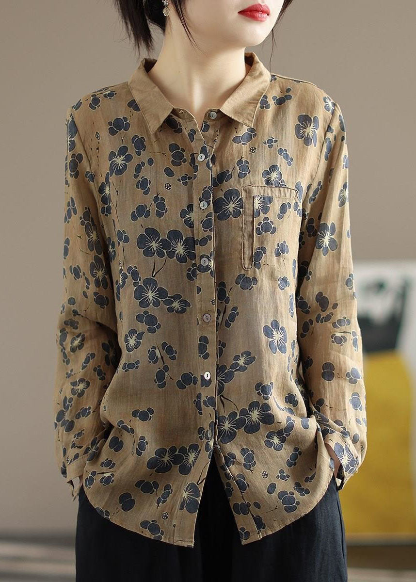 Casual Coffee Peter Pan Collar Print Patchwork Linen Blouse Tops Long Sleeve LY2526 - fabuloryshop
