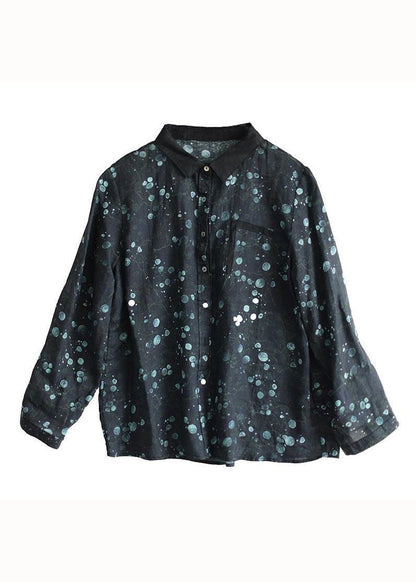 Casual Coffee Peter Pan Collar Print Patchwork Linen Blouse Tops Long Sleeve LY2526 - fabuloryshop