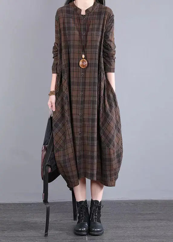 Casual Coffee Plaid Patchwork Cotton Shirts Dress Fall Ada Fashion