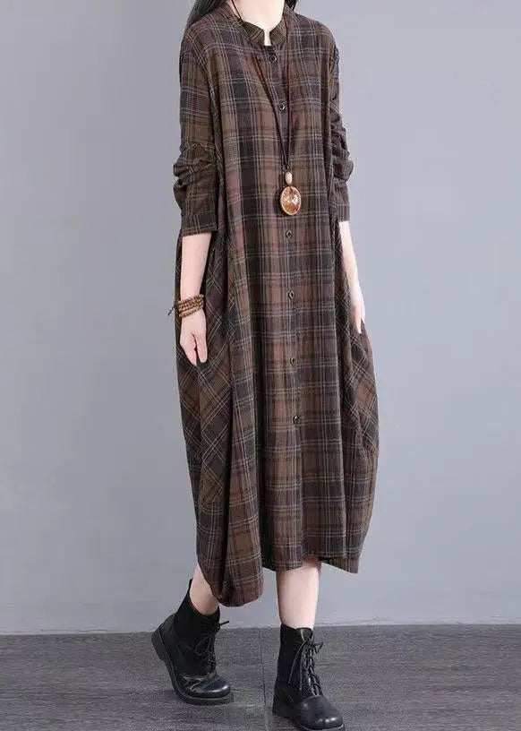 Casual Coffee Plaid Patchwork Cotton Shirts Dress Fall Ada Fashion