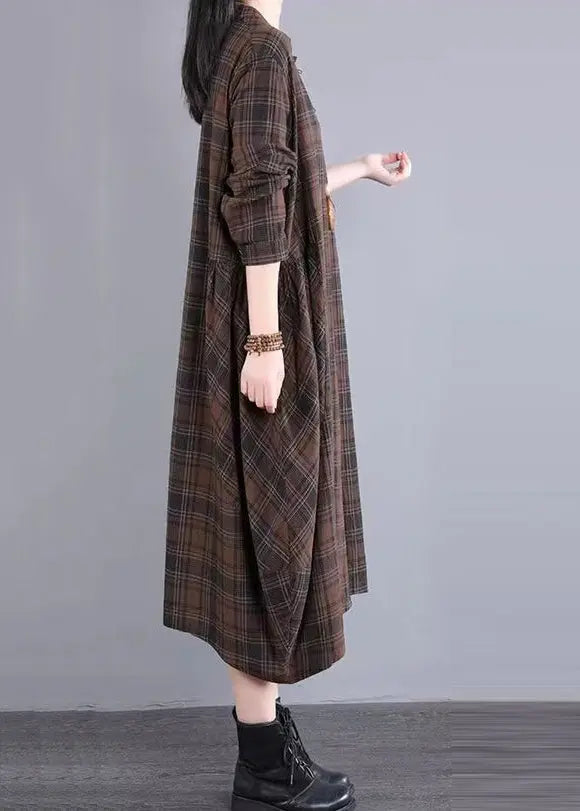 Casual Coffee Plaid Patchwork Cotton Shirts Dress Fall Ada Fashion