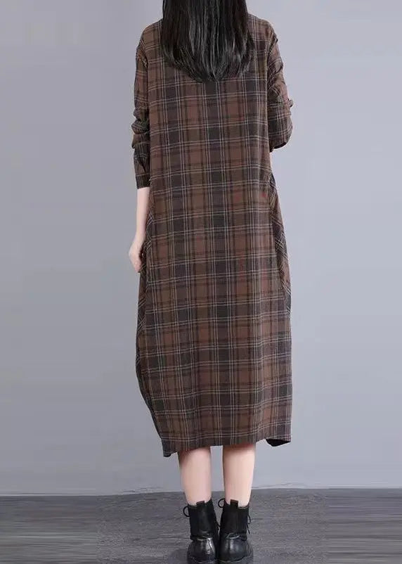 Casual Coffee Plaid Patchwork Cotton Shirts Dress Fall Ada Fashion