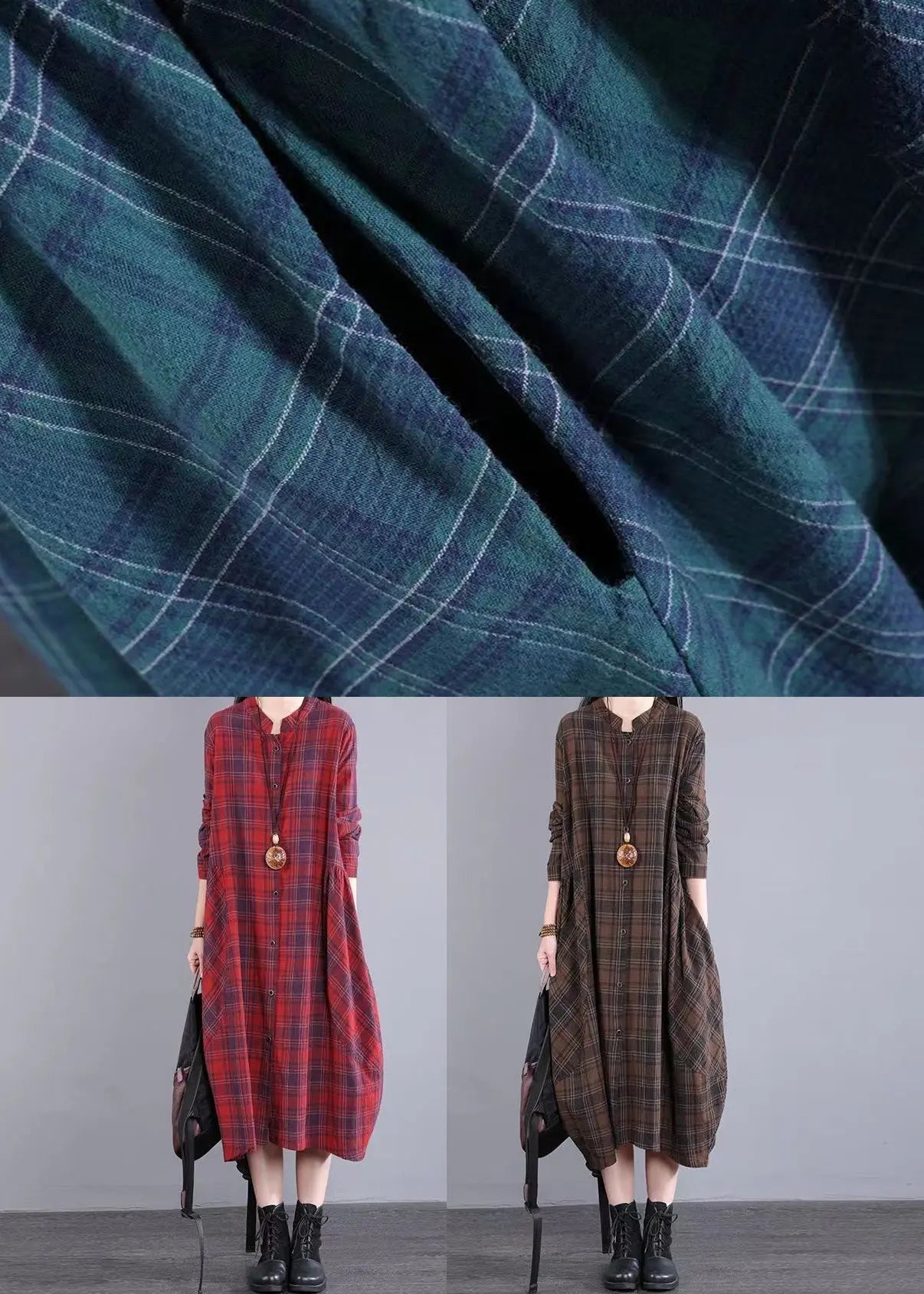 Casual Coffee Plaid Patchwork Cotton Shirts Dress Fall Ada Fashion