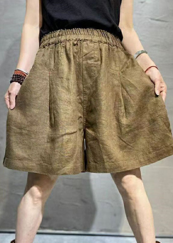 Casual Coffee Pockets Patchwork Linen Hot Pants Summer LY0627