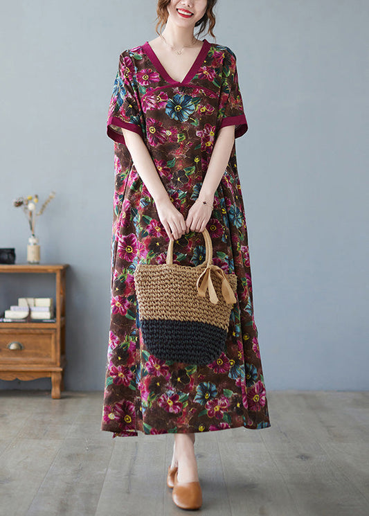 Casual Coffee V Neck Print Cozy Maxi Dress Short Sleeve Ada Fashion